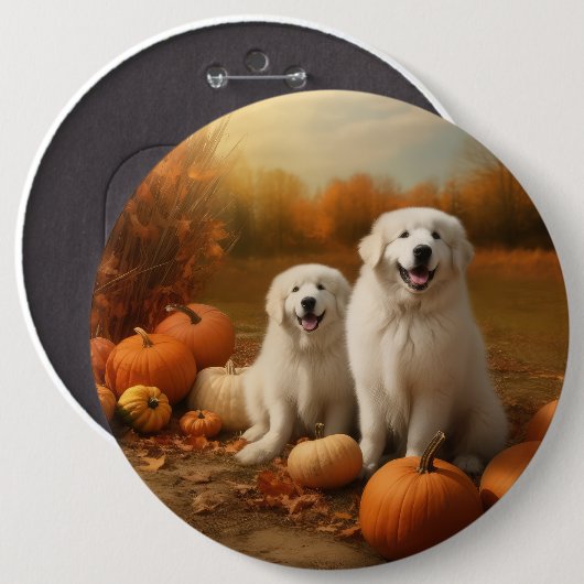 Grote Pyreneeën Puppy Herfst Delight Pompoen Ronde Button 6,0 Cm (Voorkant /achterkant)