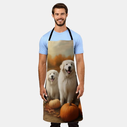 Grote Pyreneeën Puppy Herfst Delight Pompoen Schort (Gedragen)