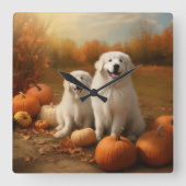 Grote Pyreneeën Puppy Herfst Delight Pompoen Vierkante Klok (Voorkant)