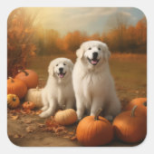 Grote Pyreneeën Puppy Herfst Delight Pompoen Vierkante Sticker (Voorkant)