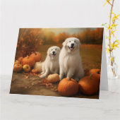 Grote Pyreneeën Puppy Herfst Plezier Pompoen  Kaart (Gele Bloem)