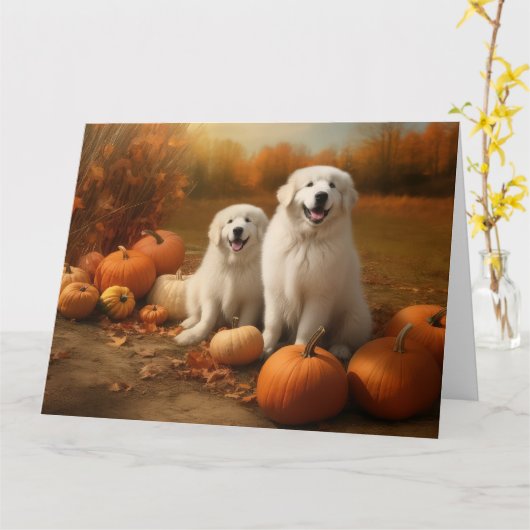 Grote Pyreneeën Puppy Herfst Plezier Pompoen  Kaart (Gele Bloem)