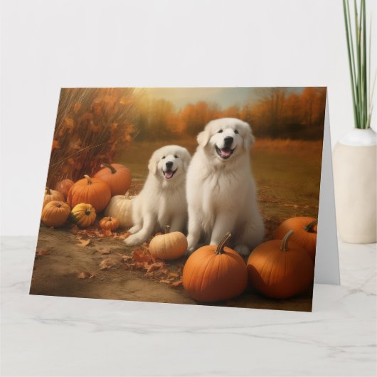 Grote Pyreneeën Puppy Herfst Plezier Pompoen  Kaart (Voorkant)