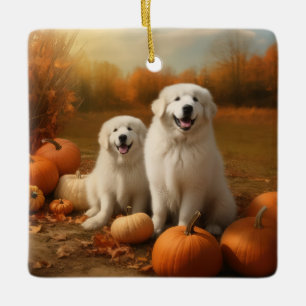 Grote Pyreneeën Puppy Herfst Plezier Pompoen Keramisch Ornament