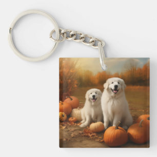 Grote Pyreneeën Puppy Herfst Plezier Pompoen Sleutelhanger