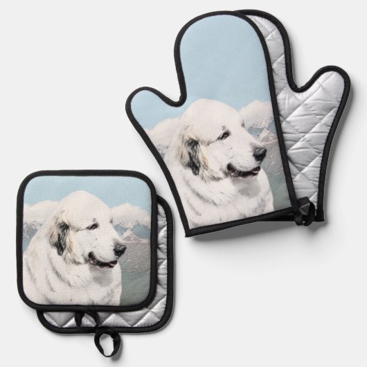 Grote Pyreneeën Schilderen Wit Originele Huisdier  Ovenwant & Pannenlap Set (Voorkant / Achterkant)