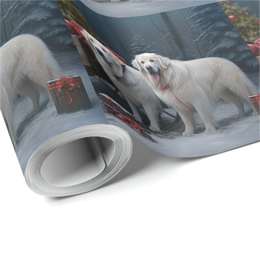 Grote Pyreneeën Snowy Sleigh Kerst Decor Cadeaupapier (Rol Hoek)
