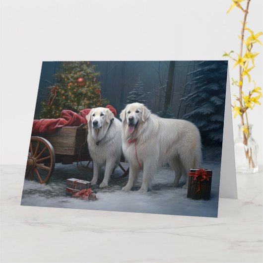 Grote Pyreneeën Snowy Sleigh Kerst Decor Kaart (Gele Bloem)