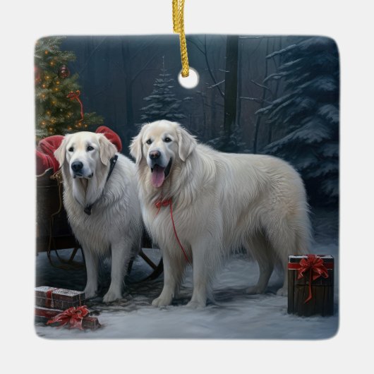 Grote Pyreneeën Snowy Sleigh Kerst Decor Keramisch Ornament (Voorkant)