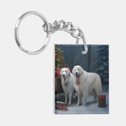 Grote Pyreneeën Snowy Sleigh Kerst Decor Sleutelhanger (Voorkant Links)
