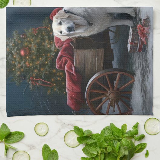 Grote Pyreneeën Snowy Sleigh Kerst Decor Theedoek (Gevouwen)