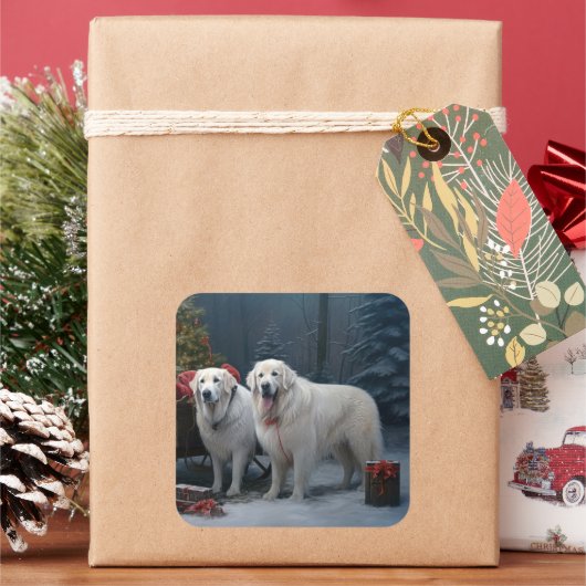 Grote Pyreneeën Snowy Sleigh Kerst Decor Vierkante Sticker (Feestdagen)