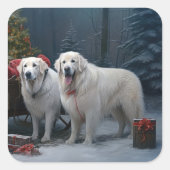 Grote Pyreneeën Snowy Sleigh Kerst Decor Vierkante Sticker (Voorkant)