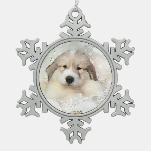 Grote Pyreneeën Waterverf Puppy Holiday Tin Sneeuwvlok Ornament (Voorkant)