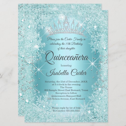 Grote Quinceanera Blauwgroen Snowflake Winter Wond Kaart (Voorkant / Achterkant)