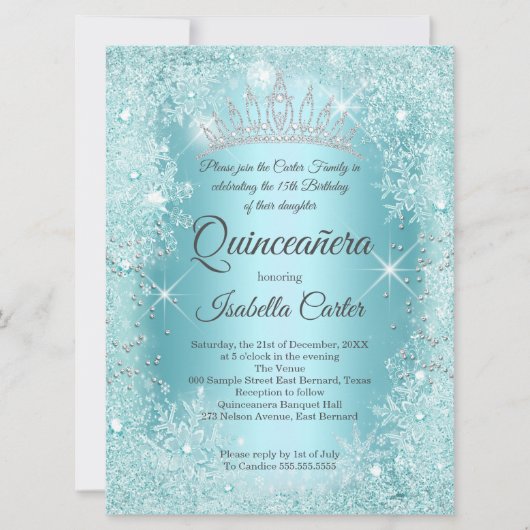 Grote Quinceanera Blauwgroen Snowflake Winter Wond Kaart (Voorkant)