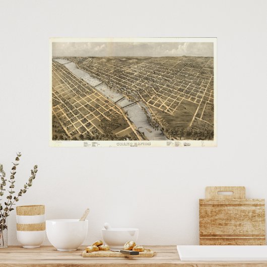 Grote Rapids Michigan 1868 Antiek Panoramische Kaa Poster (Keuken)