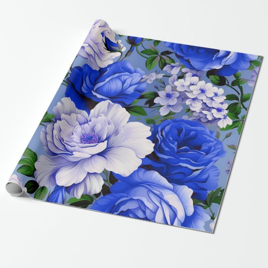 Grote Retro Blauwe Rozen Bloem Cadeaupapier (Uitgerold)