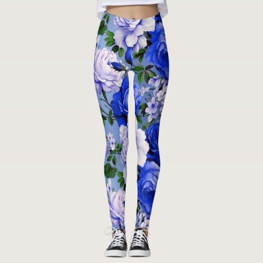 Grote Retro Blauwe Rozen Bloem Leggings (Voorkant)