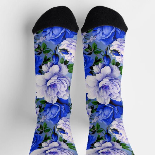 Grote Retro Blauwe Rozen Bloem Sokken (Top)