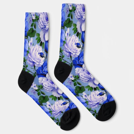 Grote Retro Blauwe Rozen Bloem Sokken (Rechts)