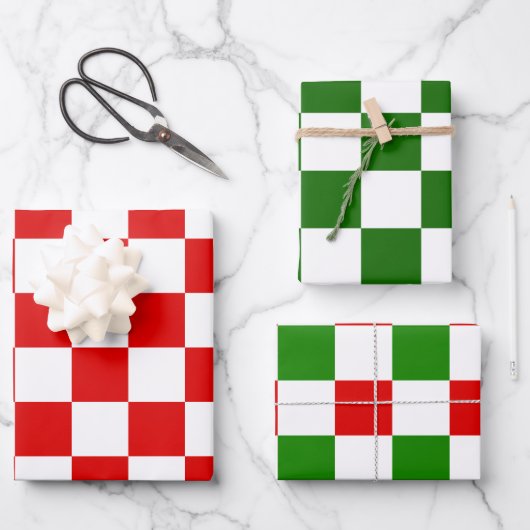 Grote Retro Checkerboard - Rood en Groene Kerstmis Inpakpapier Vel (Voorkant)