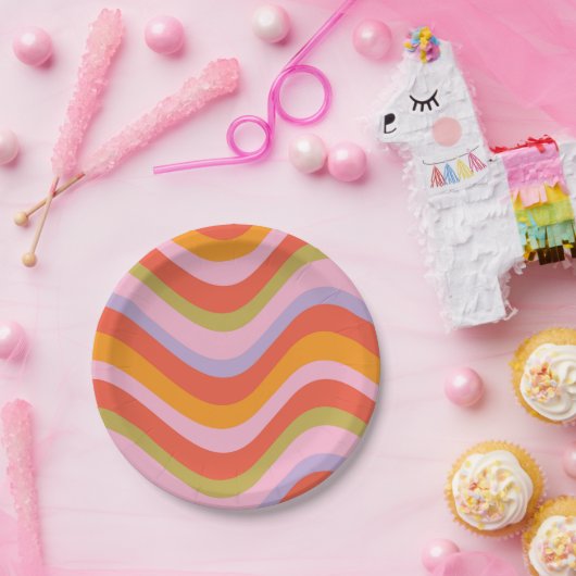 Grote Retro en Kleurrijke Wavy Stripes Papieren Bordje (Feest)