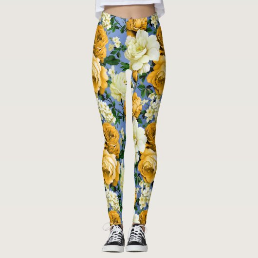 Grote Retro Gele Rose Bloem Leggings (Voorkant)