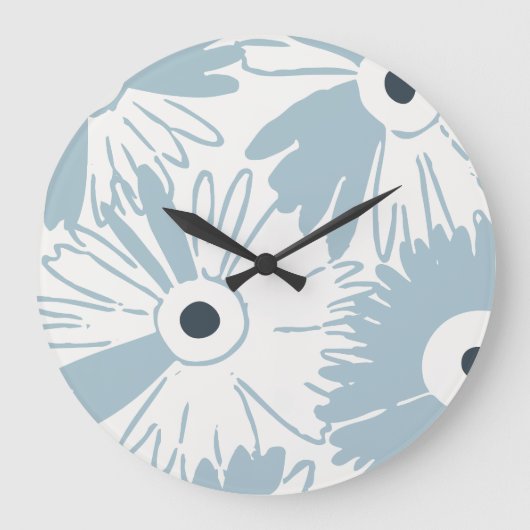 Grote Retro Margriet Flower Power Stof Blauw Klok (Voorkant)