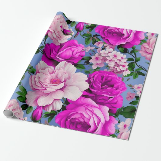 Grote Retro Paarse Rozen Bloem Cadeaupapier (Uitgerold)