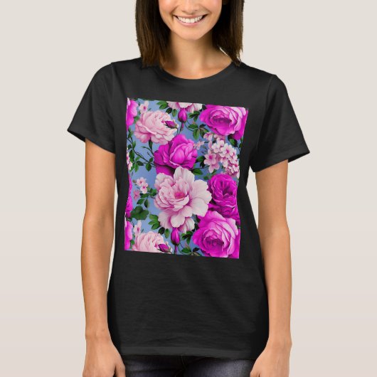 Grote Retro Paarse Rozen Bloem T-shirt (Voorkant)