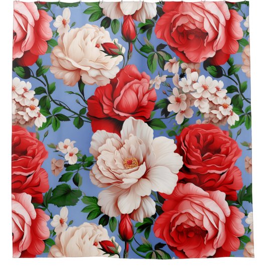 Grote Retro Rode Rose Bloem Douchegordijn (Voorkant)