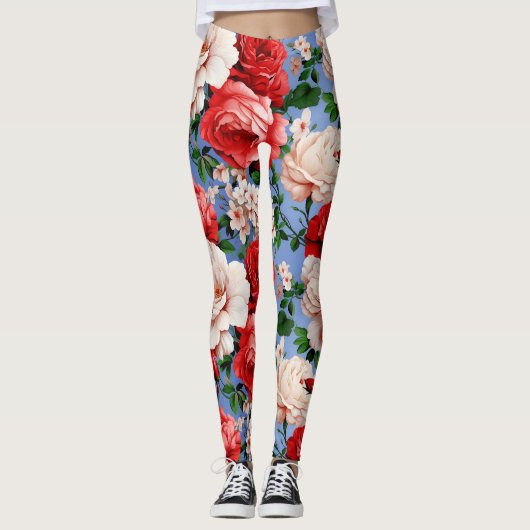 Grote Retro Rode Rose Bloemen Leggings (Voorkant)