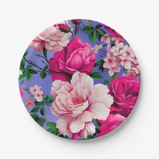 Grote Retro Roze Rose Bloem Papieren Bordje (Voorkant)