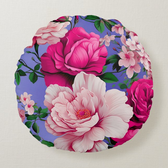 Grote Retro Roze Rose Bloem Rond Kussen (Voorkant)