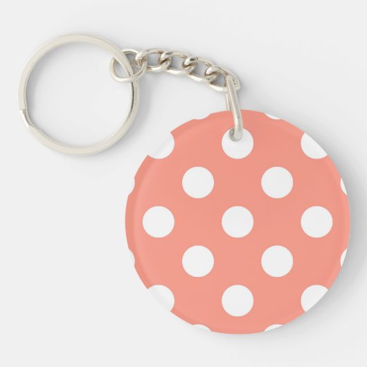 Grote retro stippen - koraalroze en wit sleutelhanger (Voorkant)