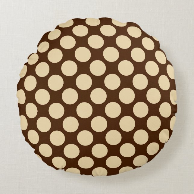 Grote retro-stippen - tint en chocoladebruin rond kussen (Voorkant)