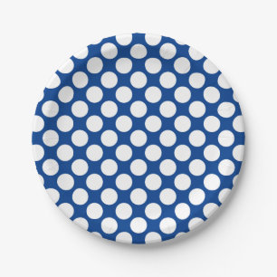 Grote retro-stippen - wit en kobalblauw papieren bordje