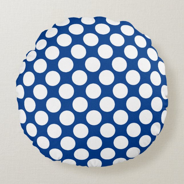 Grote retro-stippen - wit en kobalblauw rond kussen (Voorkant)