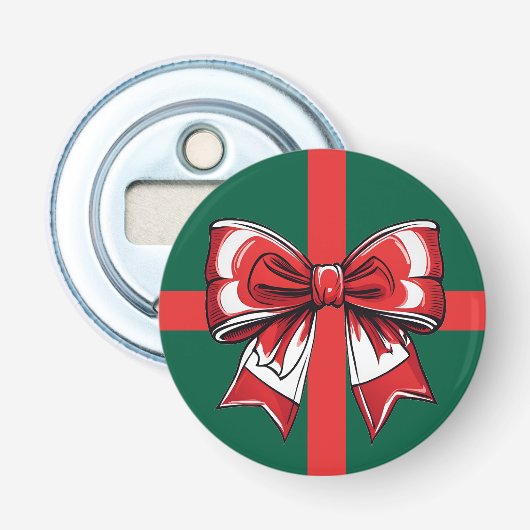 Grote Rode Bow Groene Kerst Decor Vakantie Bright Button Flesopener (Voorkant)