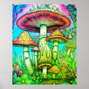 Grote rode + gele whimische paddenstoelen op een m poster