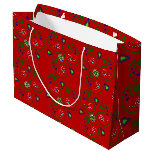 Grote Rode Glossy Kerstmis Paisley Gift Bag Groot Cadeauzakje (Achterkant Gekanteld)