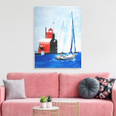 Grote Rode Michigan vuurtoren en zeilboot Canvas Afdruk (Insitu (Woonkamer))