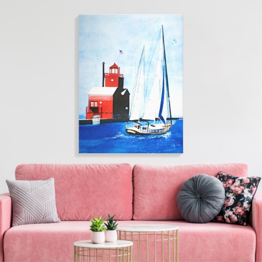 Grote Rode Michigan vuurtoren en zeilboot Canvas Afdruk (Insitu (Woonkamer))