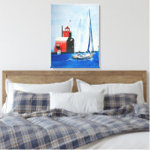 Grote Rode Michigan vuurtoren en zeilboot Canvas Afdruk (Insitu (Slaapkamer))