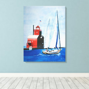 Grote Rode Michigan vuurtoren en zeilboot Canvas Afdruk