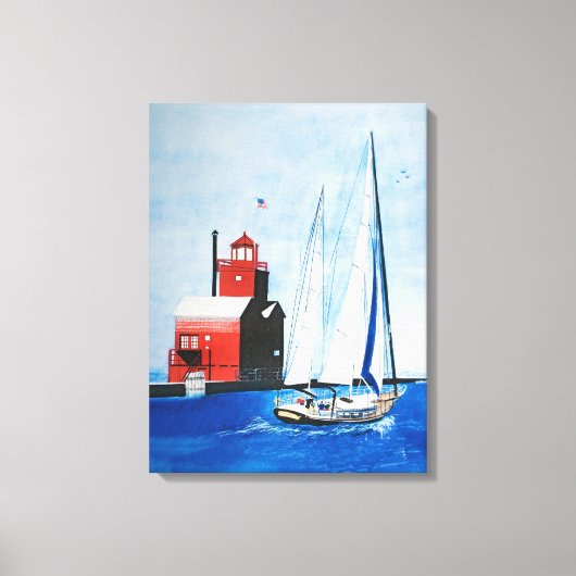Grote Rode Michigan vuurtoren en zeilboot Canvas Afdruk (Voorkant)