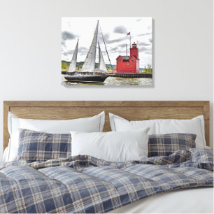 Grote Rode Michigan vuurtoren en zeilboot Canvas Afdruk
