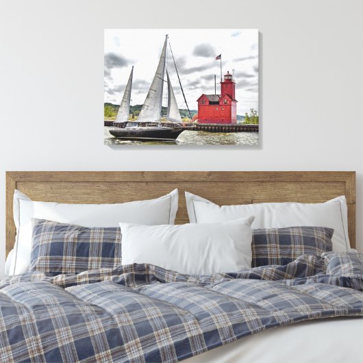 Grote Rode Michigan vuurtoren en zeilboot Canvas Afdruk (Insitu (Slaapkamer))