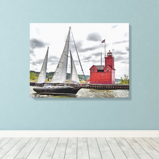 Grote Rode Michigan vuurtoren en zeilboot Canvas Afdruk (Insitu (Houten vloer))